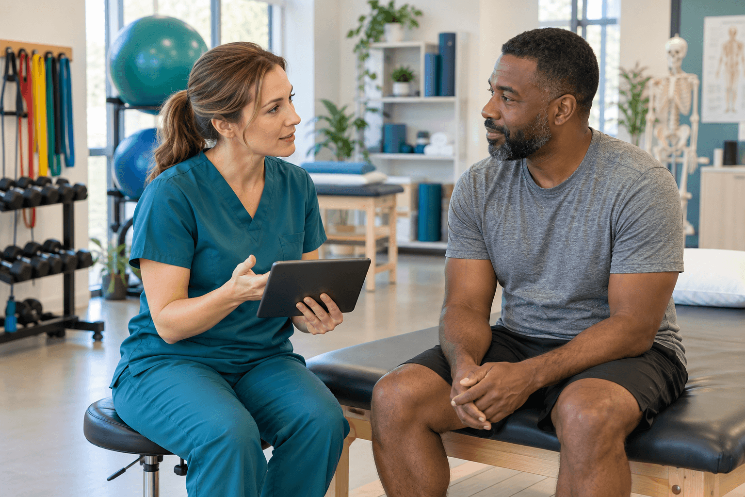 Illustration of a therapist discussing care with a patient in a clinic